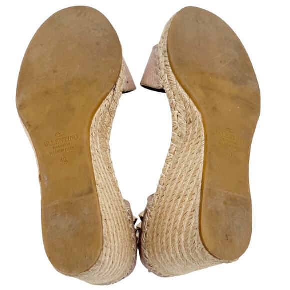 Valentino Rockstud Espadrille Wedge Sandals Nude Poudre Leather Size 40 US 10 - Picture 10 of 15